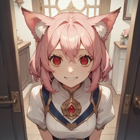 top quality, masterpiece, animal ear girl, pink hair, red eyes, empty eyes, standing in front of the door, smile