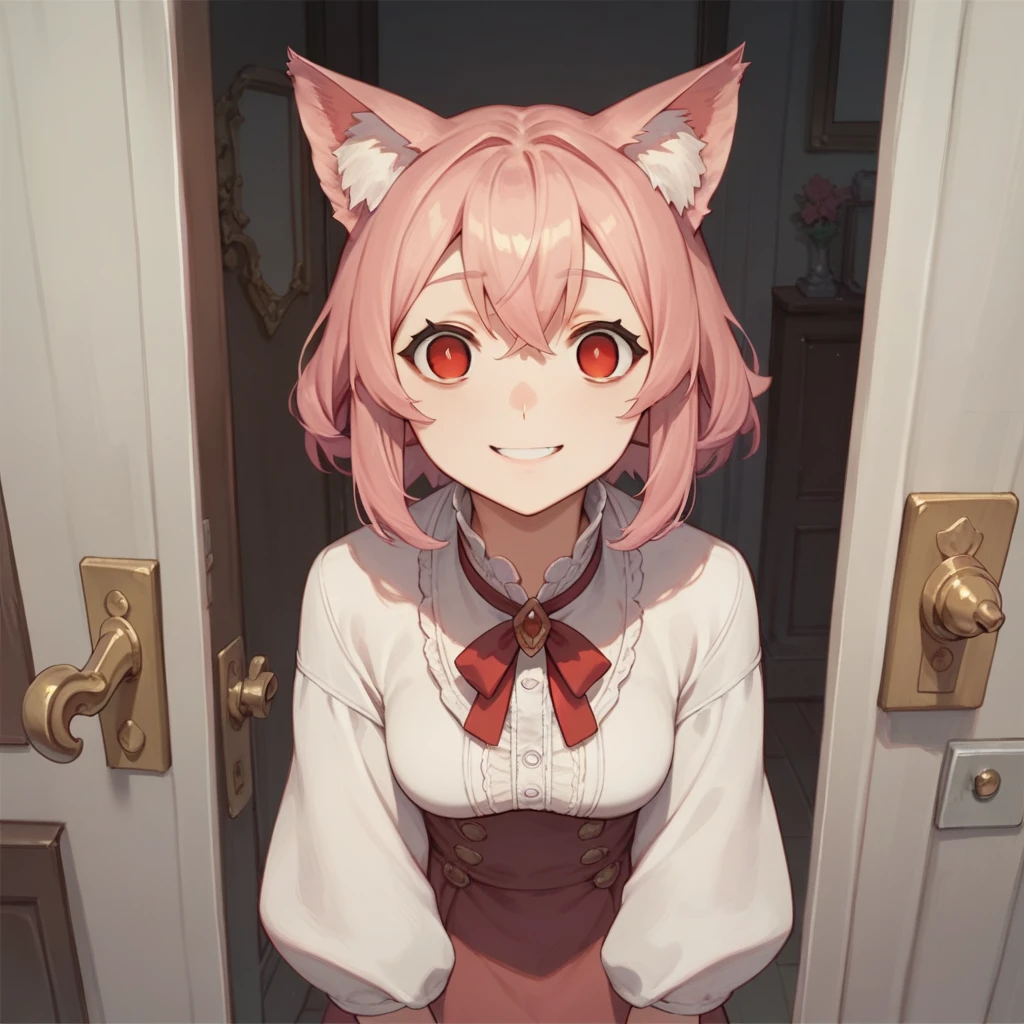 Top quality, masterpiece, animal ear girl, pink hair, red eyes, empty eyes, standing in front of the door, smile