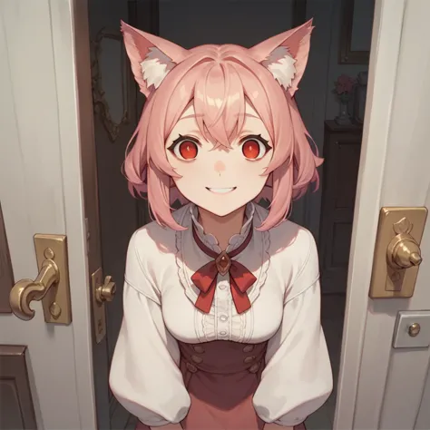 top quality, masterpiece, animal ear girl, pink hair, red eyes, empty eyes, standing in front of the door, smile