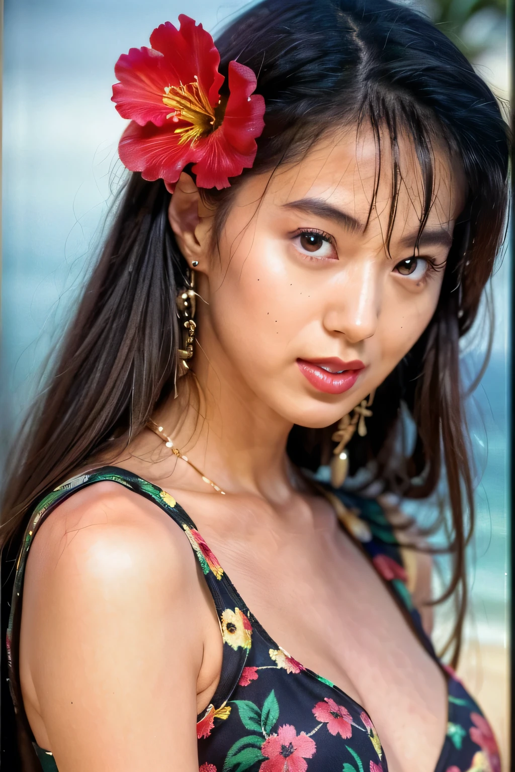 happiness、smile、flower near a body of water, at a tropical beach, wallpaper”, beautiful flower, screen cap, heavens, Ghost Festival, hibiscus, blue sky, cute:2, okinawa japan, riffle, romantic!!!, beach pic, because, honey, peacefull, wallpaper - 1 0 2 4, photo、photoリアリズム, Mark English, Black-haired woman, smile、Wearing a red micro bikini、David Mack, Deep colors and dark shadows, Jean＝Sebastian Rosbach, HD Mixed Media Collage, An illustration, With beautiful colors, woman with hat, Detailed face with red lips, Russ Mills, Red and Blue、((Extremely beautiful face close-up))