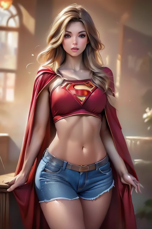 a beautiful detailed portrait of a 30 year old woman with extremely detailed eyes, beautiful detailed lips, long eyelashes, wearing a Supergirl baseado no jogo injustice costume with a short top revealing her midriff, denim mini shorts, a red cape, and thigh-high boots, with long blonde hair, a large bust, slim waist, wide hips, and beautiful legs, in a sensual full body pose,(best quality,4k,8k,highres,masterpiece:1.2),ultra-detailed,(realistic,photorealistic,photo-realistic:1.37),HDR,UHD,studio lighting,ultra-fine painting,sharp focus,physically-based rendering,extreme detail description,professional,vivid colors,bokeh,portraits