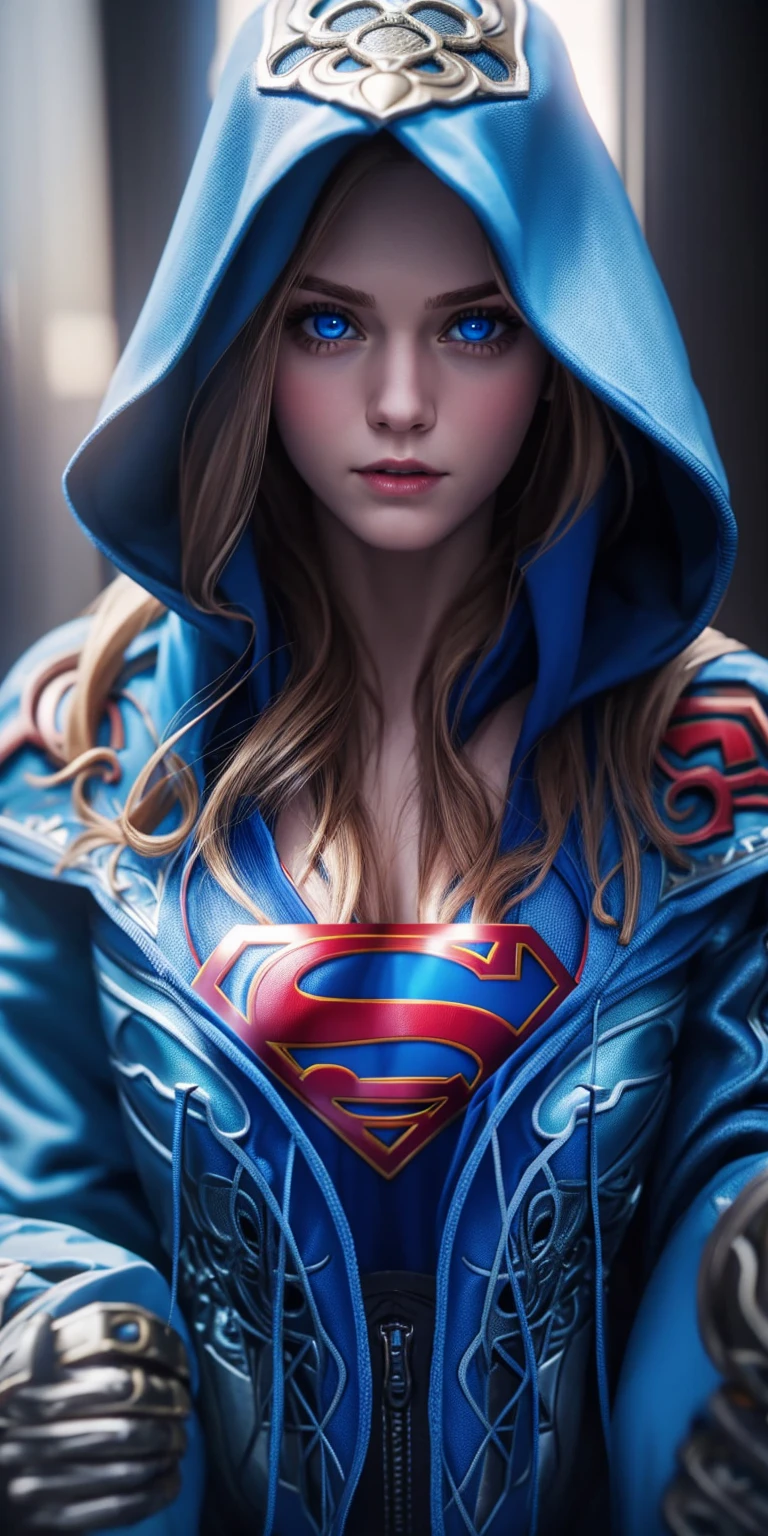 Supergirl, in a hoodie, shining blue eyes, Beautiful woman 