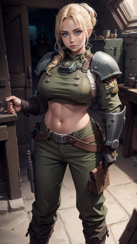 Warhammer 40k guarda imperial, anã feminina. cabelo loiro, mão nua, hobbit, calça, Armadura de peito, nariz grande, grandes olhos expressivos, em uma nave espacial