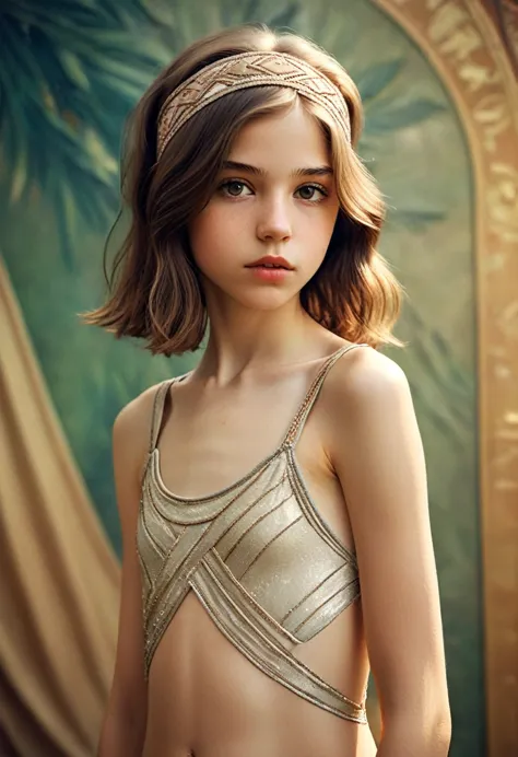 (Cinematic photo:1.3) From (Thigh-length photos:1.3),(skinny:1.3) Beautiful 12 year old girl, (complex brown hair), Highly detai...