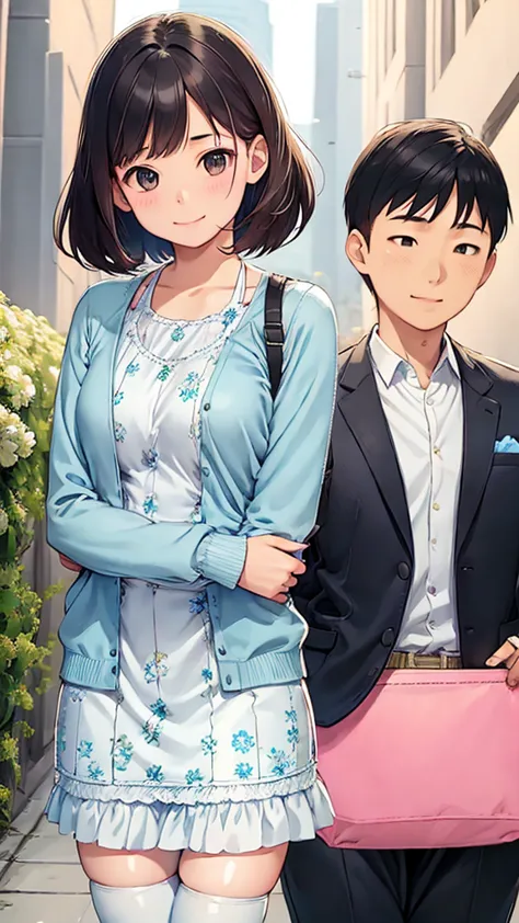 The girl is wearing a light blue cardigan over a floral frock. The frock is white with a blue floral pattern, and it appears to ...