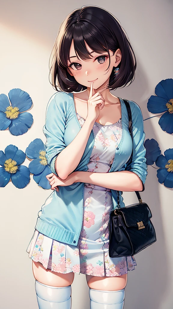 The girl is wearing a light blue cardigan over a floral frock. The frock is white with a blue floral pattern, and it appears to be knee-length. She has on black thigh-high socks and is carrying a small pink handbag. Her pose is slightly bent forward, with one hand near her face and the other holding the handbag. She has long, dark brown hair and a gentle smile