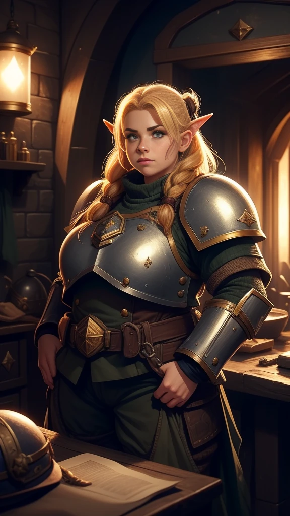 Warhammer 40K Garde Impérial, ((naine femelle)). cheveux blond, main nue, hobbit, hafling, pantalon, Armure de poitrine, ((gros nez)), grands yeux expressifs, dans un vaisseau spatial, visage rond