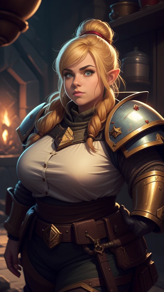 Warhammer 40K Garde Impérial, ((naine femelle)). cheveux blond, main nue, hobbit, hafling, pantalon, Armure de poitrine, ((gros nez)), grands yeux expressifs, dans un vaisseau spatial, visage rond