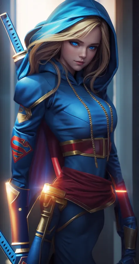 Supergirl, in a hoodie, shining blue eyes, Beautiful woman 