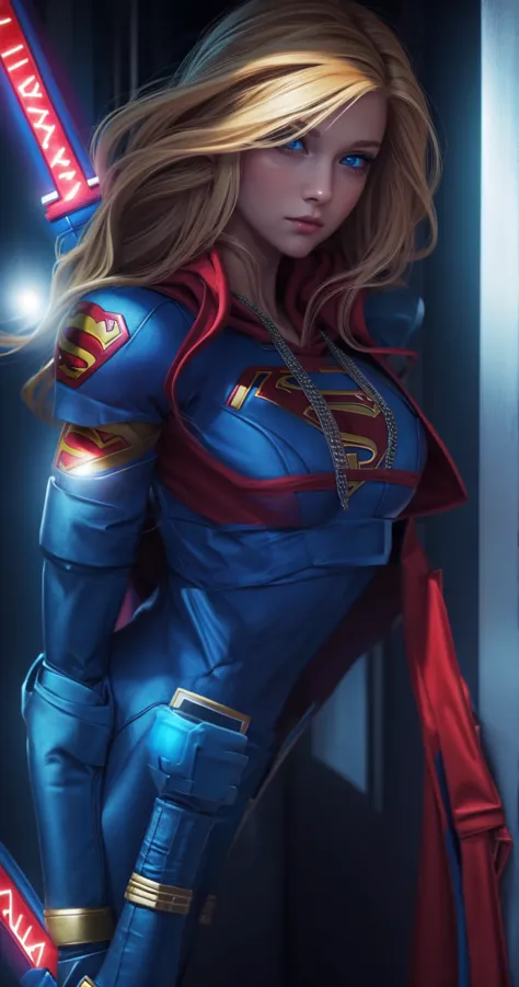 Supergirl, in a hoodie, shining blue eyes, Beautiful woman 