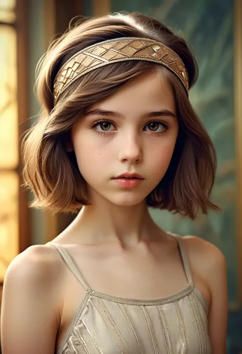 (Cinematic photo:1.3) From (Thigh-length photos:1.3),(skinny:1.3) Beautiful 12 year old girl, (complex brown hair), Highly detai...