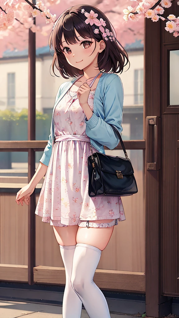The girl is wearing a light blue cardigan over a floral frock. The frock is white with a blue floral pattern, and it appears to be knee-length. She has on black thigh-high socks and is carrying a small pink handbag. Her pose is bent forward, with one hand near her face and the other holding the handbag. She has long, dark brown hair and a gentle smile, standing in a setting with blooming cherry blossoms.