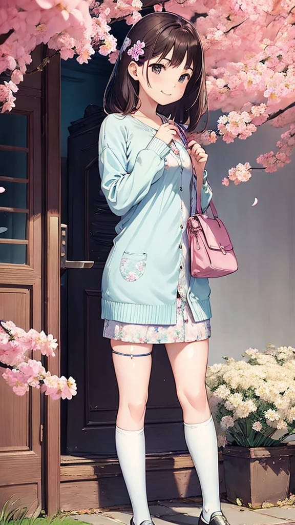 The girl is wearing a light blue cardigan over a floral frock. The frock is white with a blue floral pattern, and it appears to be knee-length. She has on black thigh-high socks and is carrying a small pink handbag. Her pose is bent forward, with one hand near her face and the other holding the handbag. She has long, dark brown hair and a gentle smile, standing in a setting with blooming cherry blossoms.