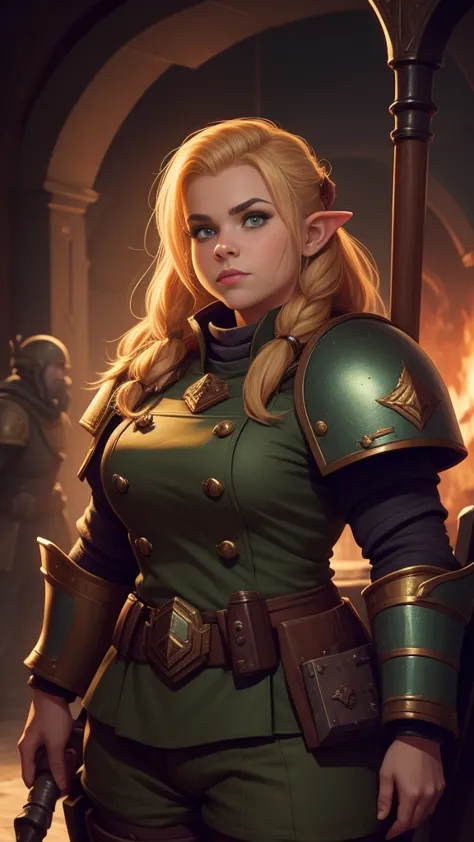 warhammer 40k imperial guardsman, ((female dwarf)). blonde hair, bare hand, hobbit, hafling, pants, green chest armor, ((big nos...