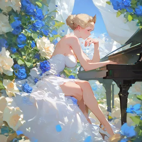 (score_9,score_8_up,score_7_up,) woman in fancy dress leaning over an upright grand piano at dusk with flowers around, 1girl, dr...