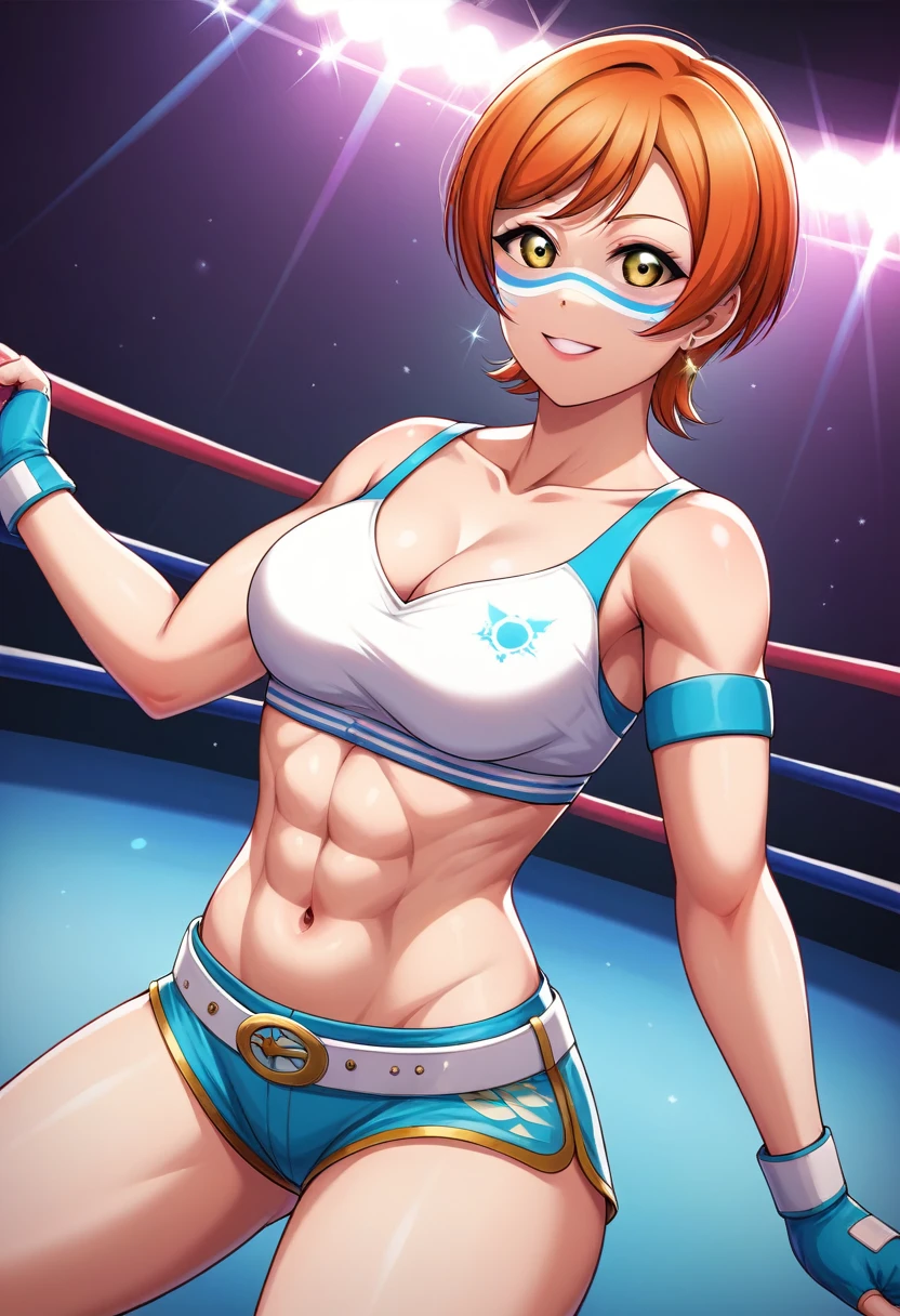 Masterpiece, sksrin, beautiful , facial details, 8k wallpaper, Rin Hoshizora Love Live, short hair, white gym bra, micro shorts , wrestling outfit,(lipstick:0.8), (face paint),Fascinated by her beauty ,wwe championship belt