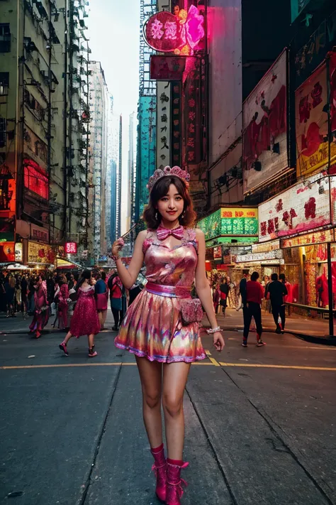 hongkong, day, fisheye shot, (awkward,blush :1.3),girls in their 40s take photos wearing colorful clothes, y 2 k cutecore crownc...