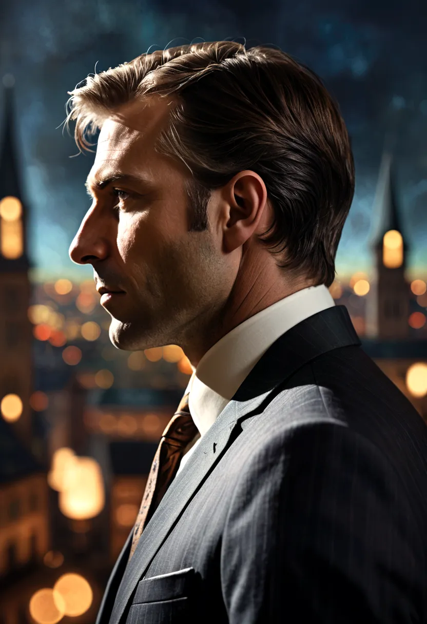 (close-up) profile of a man in a suit about 35 years old with a city background in blur, dark fantasy paper style from the 70s, ...