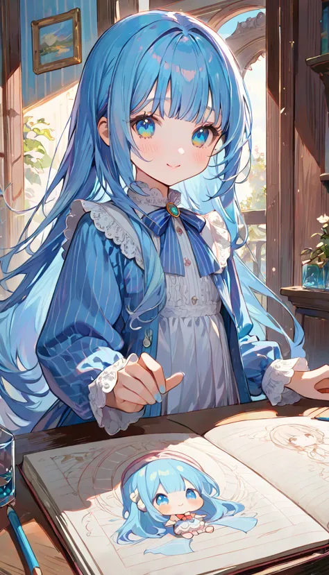 masterpiece, best quality, extremely detailed, (illustration, official art:1.1),adorable face、 1 girl ,(((( light blue long hair...