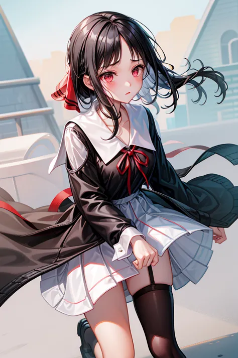 Black Hair、Red ribbon、Blushing、I can see her panty shaped legs、School classroom
