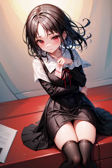 Black Hair、Red ribbon、Blushing、I can see her panty shaped legs、School classroom