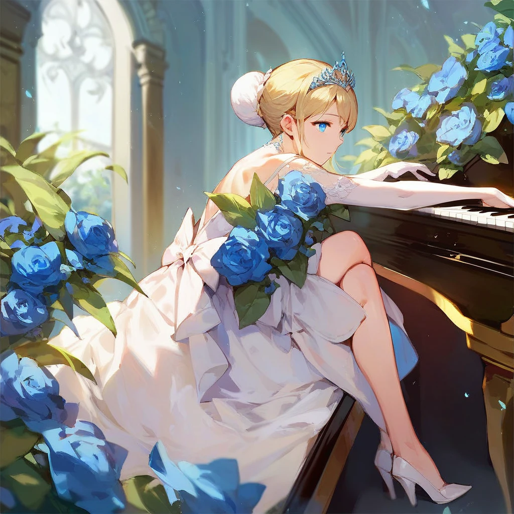 (score_9,score_8_up,score_7_up,) woman in fancy dress leaning over an upright grand piano at dusk with flowers around, 1girl, dress, solo, instrument, flower, high heels, sitting, tiara, white dress, blue eyes, blue flower, blonde hair, hair bun, Expressiveh, negative_hand, [[gwentstyle]], moon
