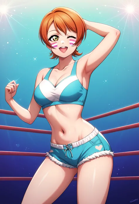 masterpiece, sksrin, beautiful , facial details, 8k wallpaper, rin hoshizora love live, short hair, white gym bra, micro shorts ...