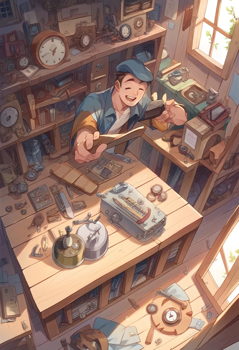 detailed illustration, dynamic angle, ultra-detailed, illustration, 1man, brown hair, wooden workshop, smile, laughing, clocks, clockwork tools, tinker tools, carpentry tools, springs, steampunk,