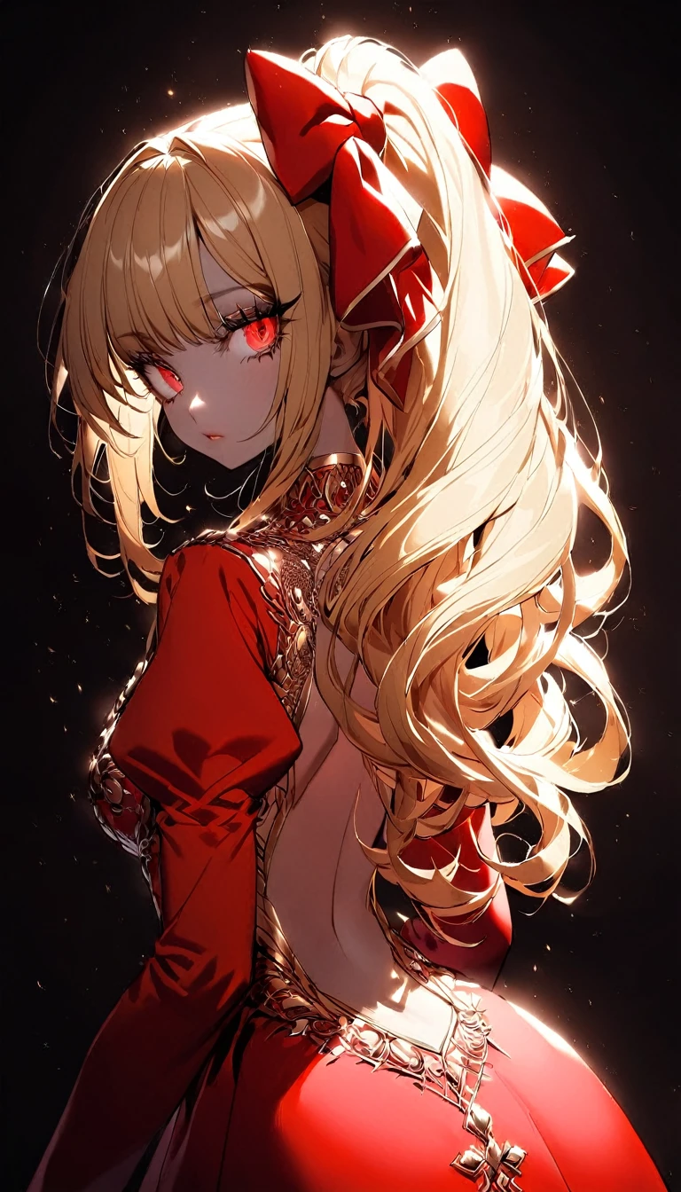 light particles, soft lighting, volumetric lighting, intricate details, finely detailed,

1girl, solo,

blonde hair, long hair, high ponytail,

red eyes, long eyelashes, thick eyelashes, looking at viewer,

red dress, ornate dress, backless dress, puffy sleeves, juliet sleeves, (long sleeves:1.2), red bow,

black background, simple background, from behind,

