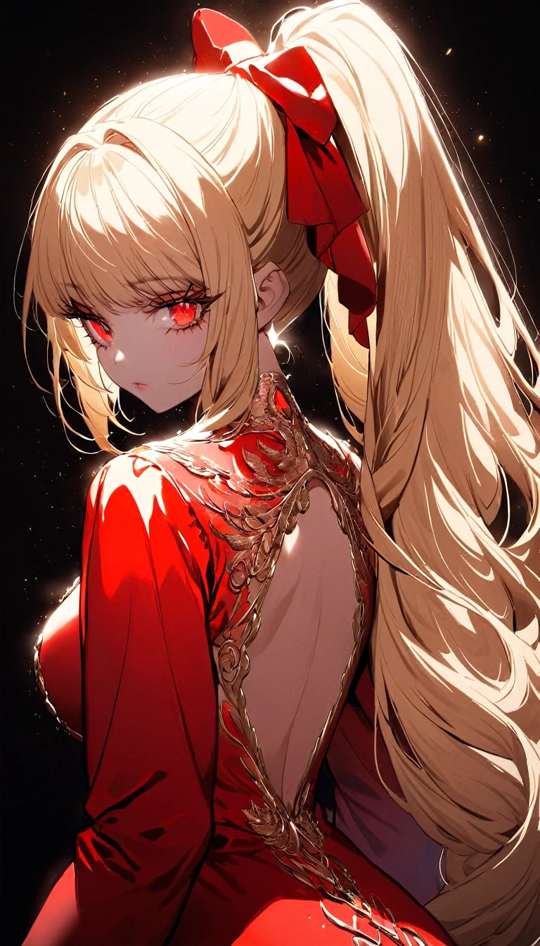 light particles, soft lighting, volumetric lighting, intricate details, finely detailed,

1girl, solo,

blonde hair, long hair, high ponytail,

red eyes, long eyelashes, thick eyelashes, looking at viewer,

red dress, ornate dress, backless dress, puffy sleeves, juliet sleeves, (long sleeves:1.2), red bow,

black background, simple background, from behind,

