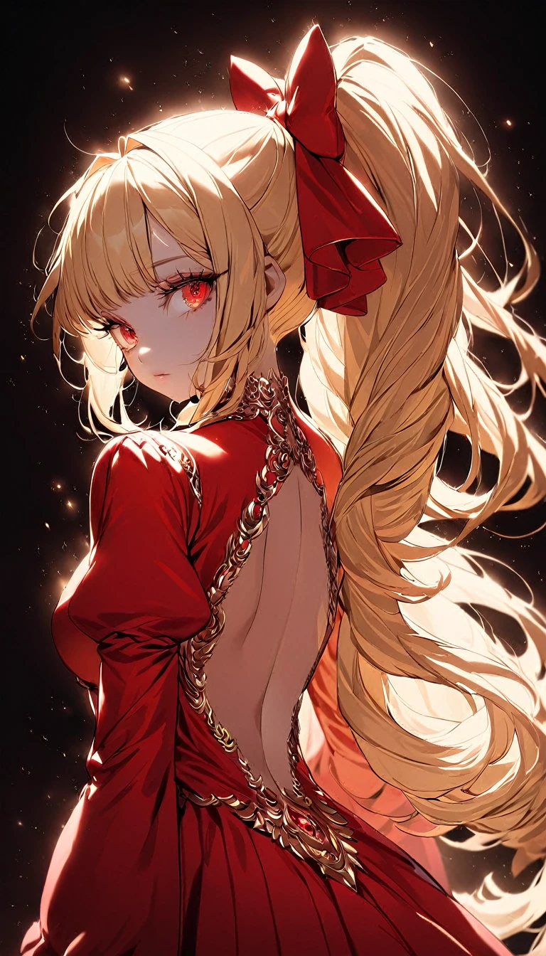 light particles, soft lighting, volumetric lighting, intricate details, finely detailed,

1girl, solo,

blonde hair, long hair, high ponytail,

red eyes, long eyelashes, thick eyelashes, looking at viewer,

red dress, ornate dress, backless dress, puffy sleeves, juliet sleeves, (long sleeves:1.2), red bow,

black background, simple background, from behind,

