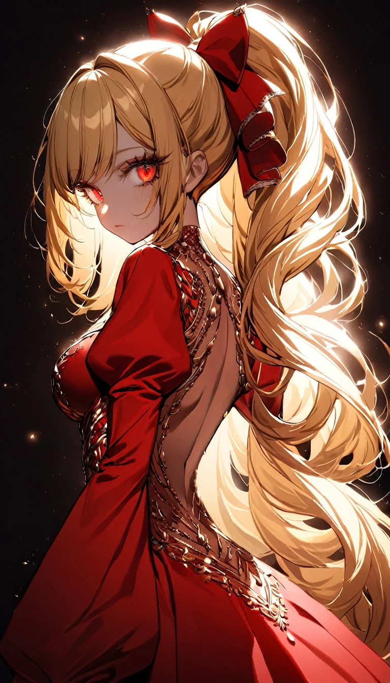 light particles, soft lighting, volumetric lighting, intricate details, finely detailed,

1girl, solo,

blonde hair, long hair, high ponytail,

red eyes, long eyelashes, thick eyelashes, looking at viewer,

red dress, ornate dress, backless dress, puffy sleeves, juliet sleeves, (long sleeves:1.2), red bow,

black background, simple background, from behind,

