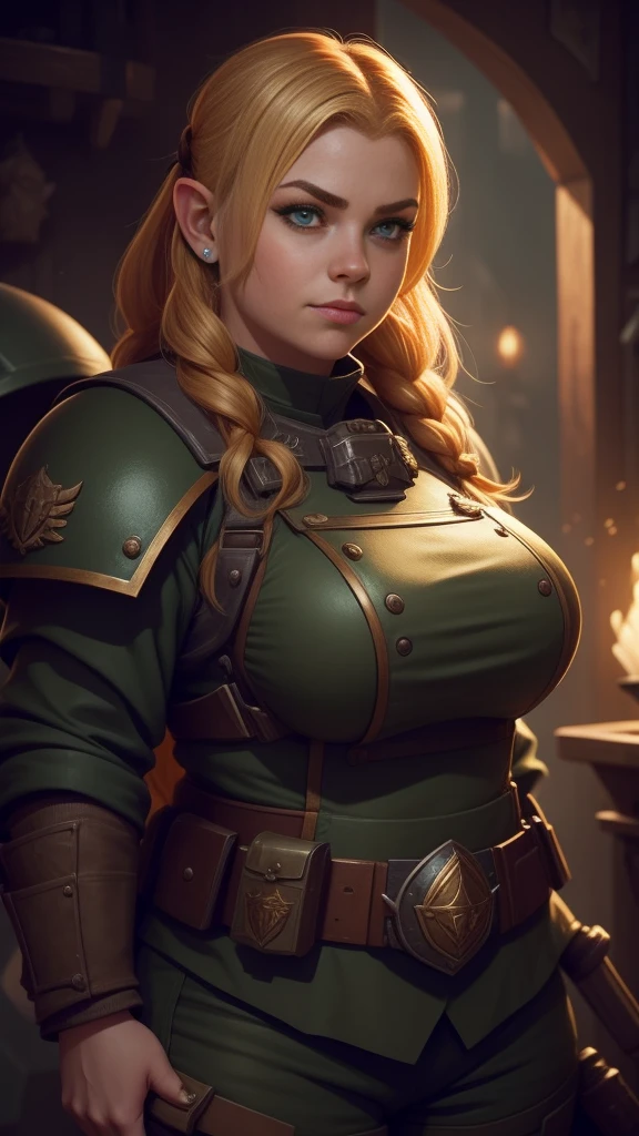 (high-angle shot), warhammer 40k imperial guardsman, ((female dwarf)). blonde hair, bare hand, hobbit, hafling, pants, (green bulletproof vest), ((large nose)), large expressive eyes, in a spaceship, chubby face, (eye black), black paint under eyes