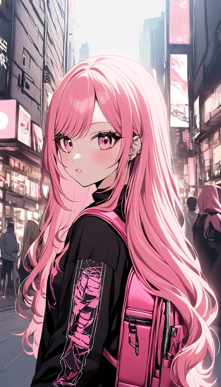 anime girl with pink hair with a backpack, she is wearing streetwear, with pink hair, portrait of jossi of blackpink, ulzzang, ((pink)), jossi of blackpink, lalisa manoban of blackpink, wearing cyberpunk streetwear, japanese streetwear, with long hair, anime girl in real life, casual pose, pink girl