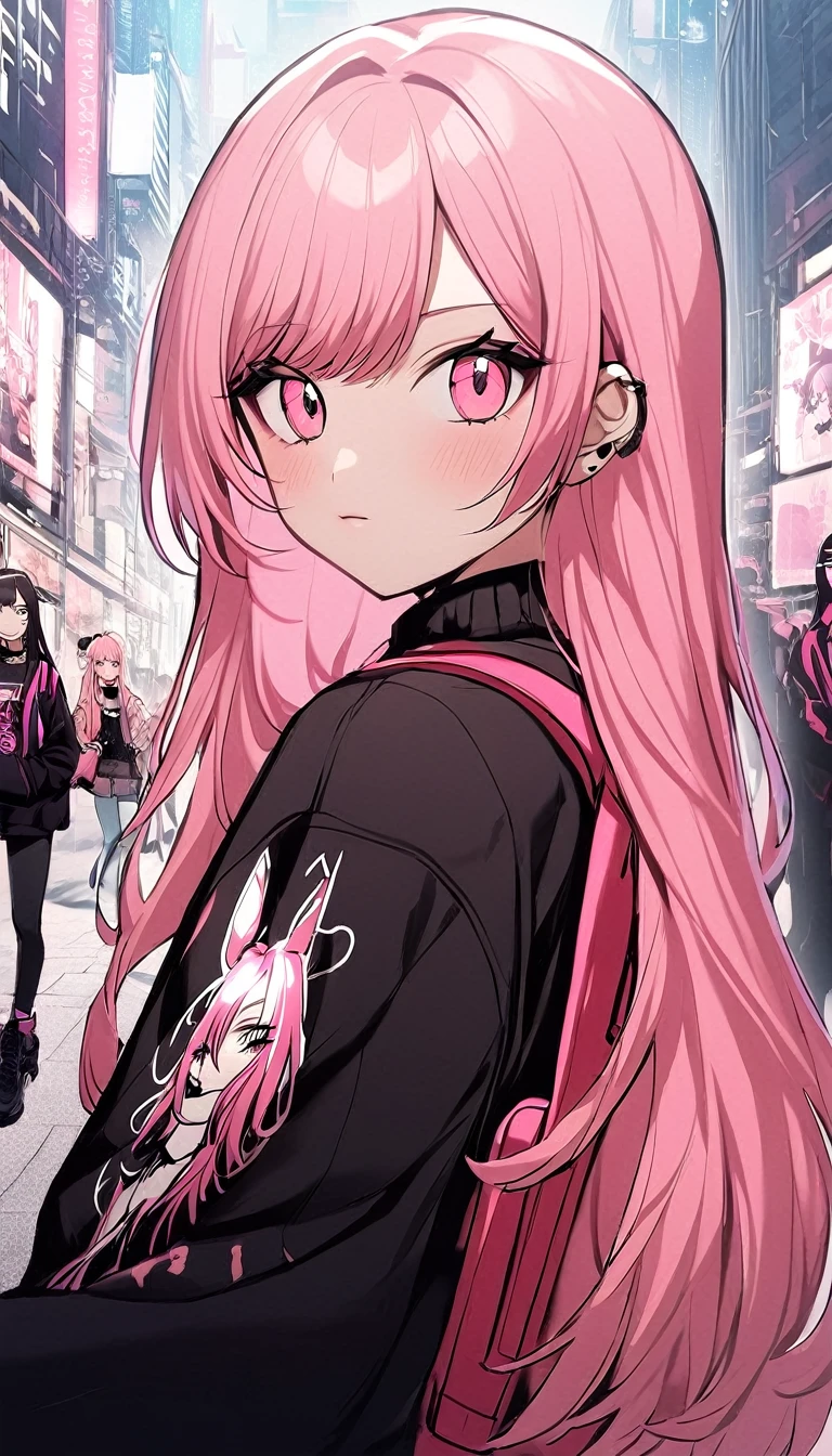 anime girl with pink hair with a backpack, she is wearing streetwear, with pink hair, portrait of jossi of blackpink, ulzzang, ((pink)), jossi of blackpink, lalisa manoban of blackpink, wearing cyberpunk streetwear, japanese streetwear, with long hair, anime girl in real life, casual pose, pink girl