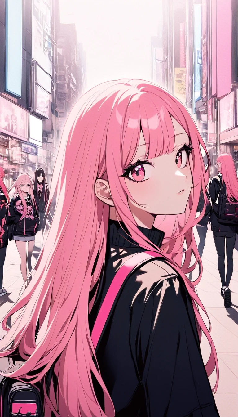 anime girl with pink hair with a backpack, she is wearing streetwear, with pink hair, portrait of jossi of blackpink, ulzzang, ((pink)), jossi of blackpink, lalisa manoban of blackpink, wearing cyberpunk streetwear, japanese streetwear, with long hair, anime girl in real life, casual pose, pink girl