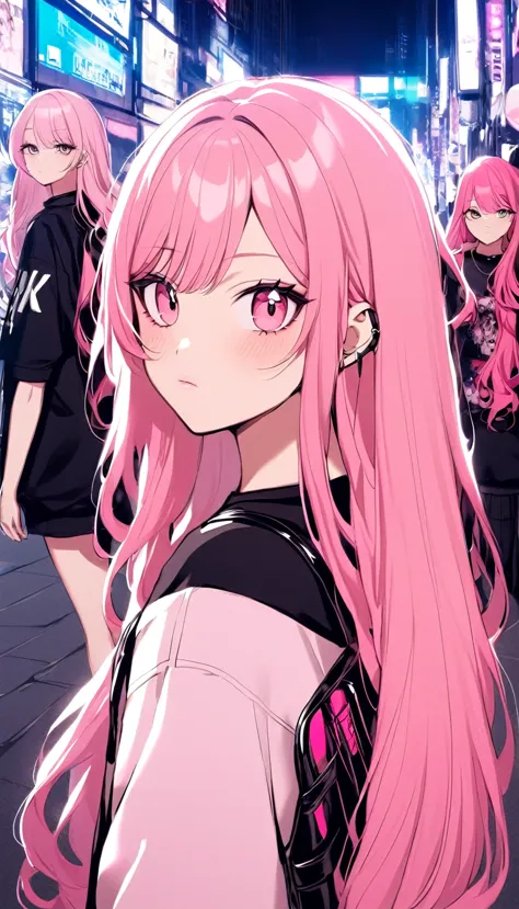 anime girl with pink hair with a backpack, she is wearing streetwear, with pink hair, portrait of jossi of blackpink, ulzzang, (...