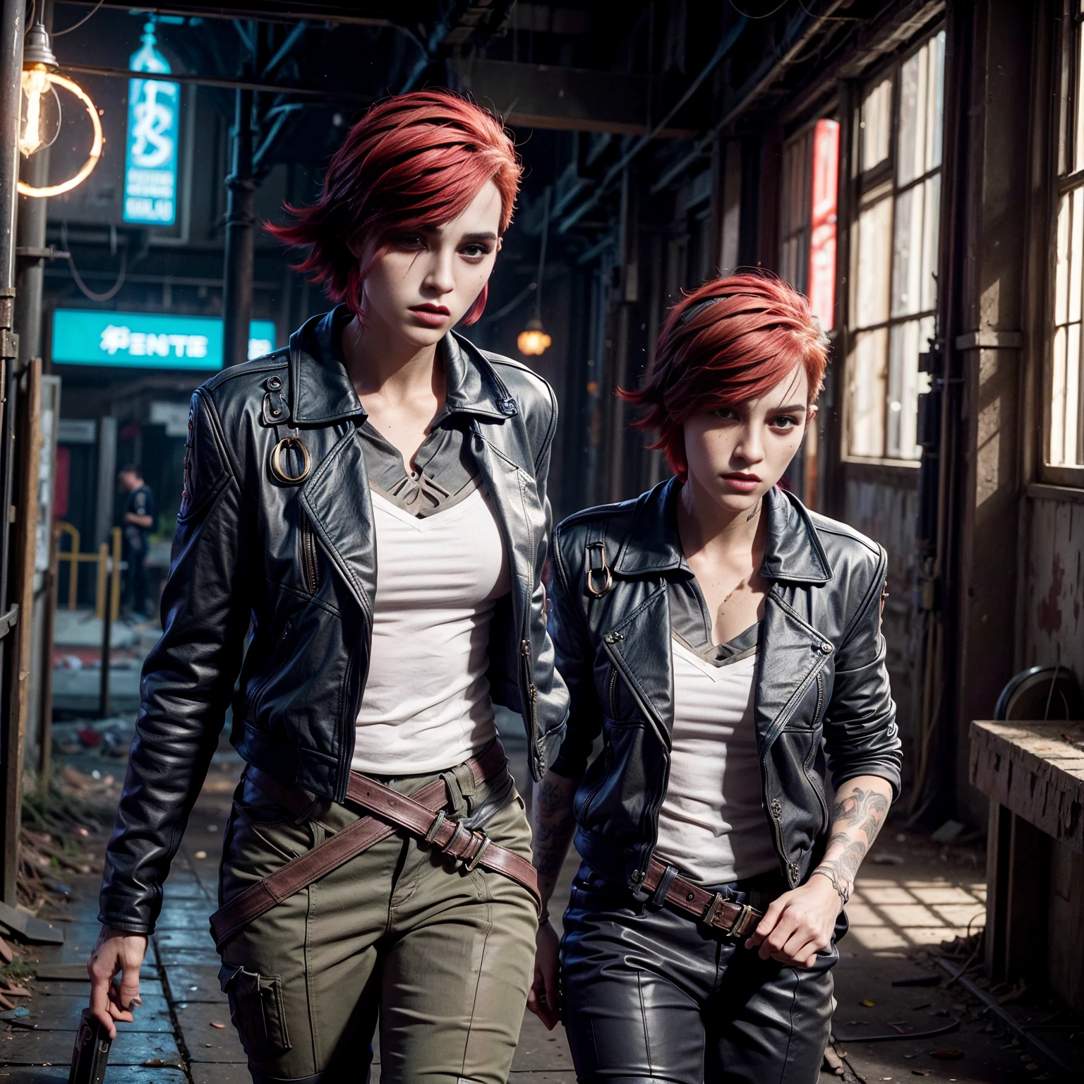 We de arcane,, uma mulher com Red hair, Cyberpunk женщина аниме женщина, trousers, Красивая злая богиня Cyberpunkа, арт-стиль Cyberpunk, Cyberpunk аниме цифровое искусство, cyberpunk anime art, Secret, We Retrato, cyberpunk anime art, искусство на тему Cyberpunkа, Cyberpunk, dark fantasy, estilo Secret, 1 girl, Red hair e curto , short hair, garota de Red hair, short hair, burning place, White shirt, dark red leather jacket, laterally, girl on an abandoned street, Red hair, short hair, green eyes, pink lips, standing, ultra detailed, crude work, Super detailed. We de arcane. Garota de Red hair, girl in brown pants, White shirt, dark red leather jacket, We de arcane em um burning place, a spark, spheres of light, Movie poster, We de arcane, Secret\(League of Legends) We, We de arcane em uma cidade abandonada, Everything is on fire, fire everywhere