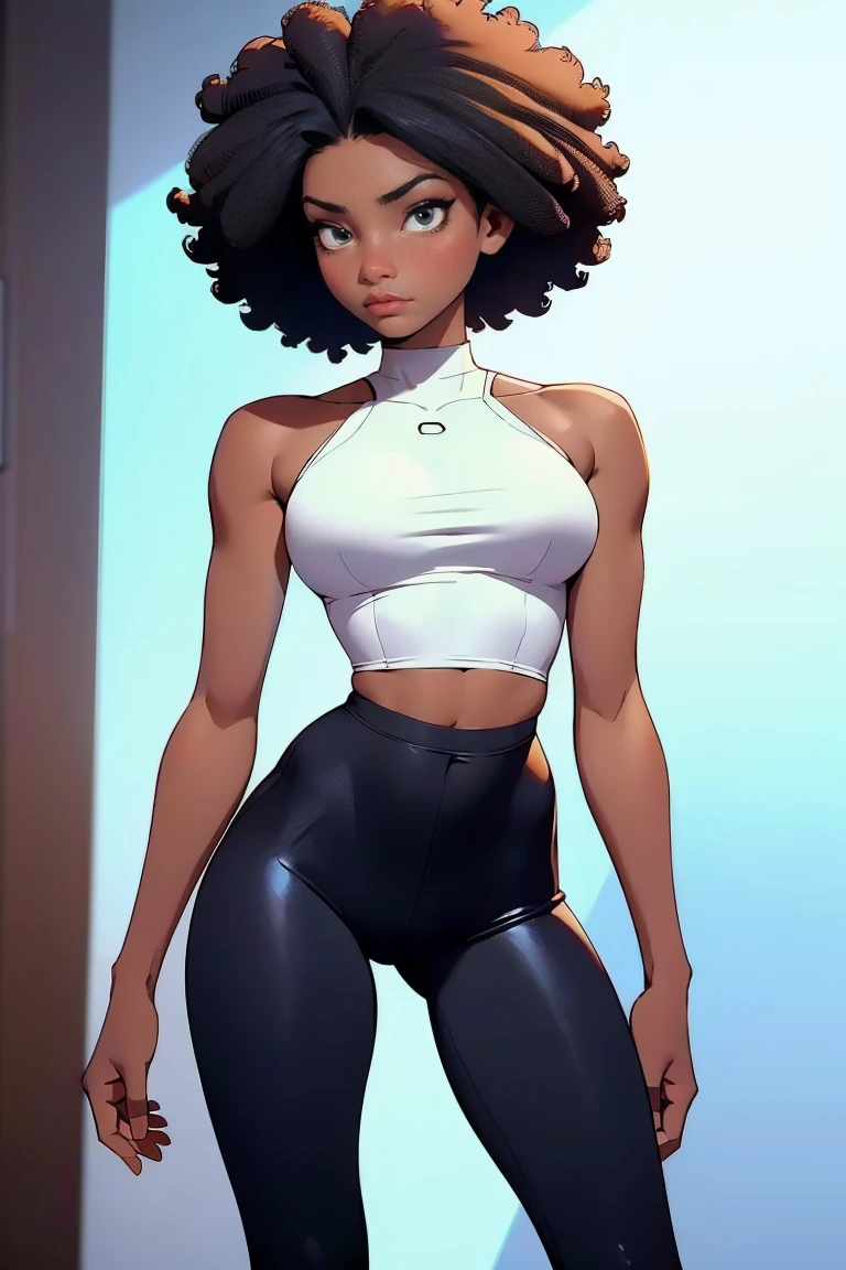 afro american girl, dark skin, behind view, afro haircut, 1 girl, solo, (black leggins) (crop tank top low neckline), sleveless, medium perky , wide hips