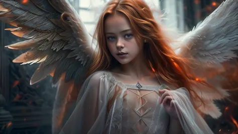 (Kristina Pimenova ginger hair teen girl,13 years old with stunning gothic white archangel wings in fire:1.6),  (naked, nude:1.8...