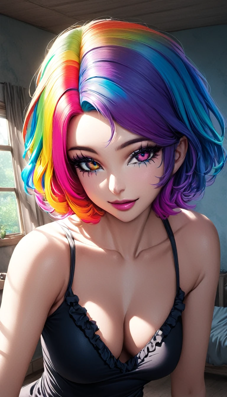 1girl, realistic, solo, goth ,short messy hair with long sides, short hair, eyeshadow, mascara, color: spectrum, vivid colors, rainbow hair , bright rainbow hair, medium breasts, indoors  , highly detailed, cute, smile, bedroom, big breasts, ruffle trim