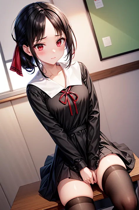 Black Hair、Red ribbon、Blushing、I can see her panty shaped legs、School classroom(spread legs1.5)(panty shot1.5)(nsfw)
