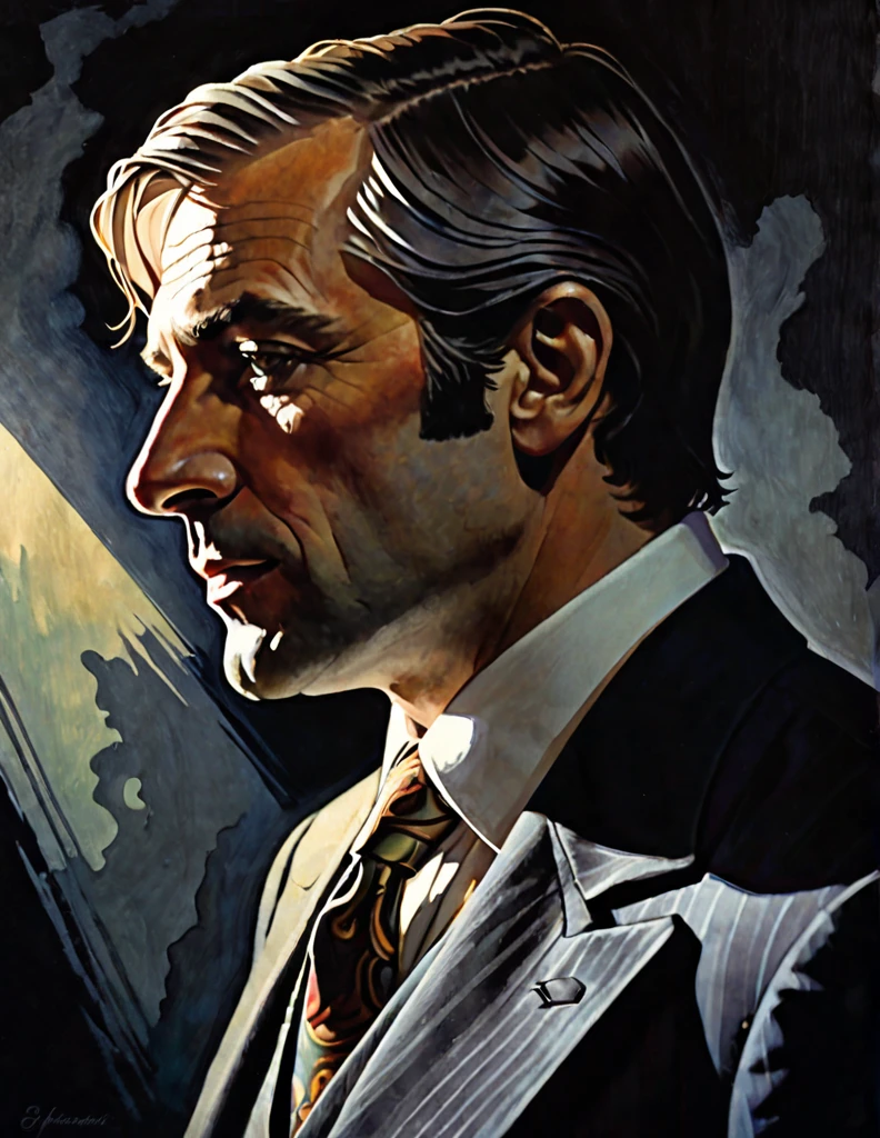 (Close-up) profile of a man in a suit about 35 years , dark fantasy paper style from the 70s, with intense painting in a German romantic style. Shadows and spectacular lighting.