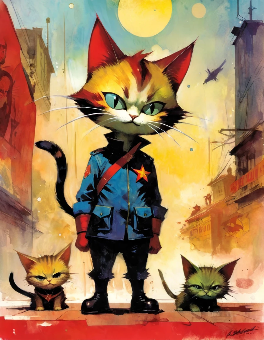 gato comunista (arte inspirada em Skottie Young e Bill Sienkiewicz). pintura a óleo) 