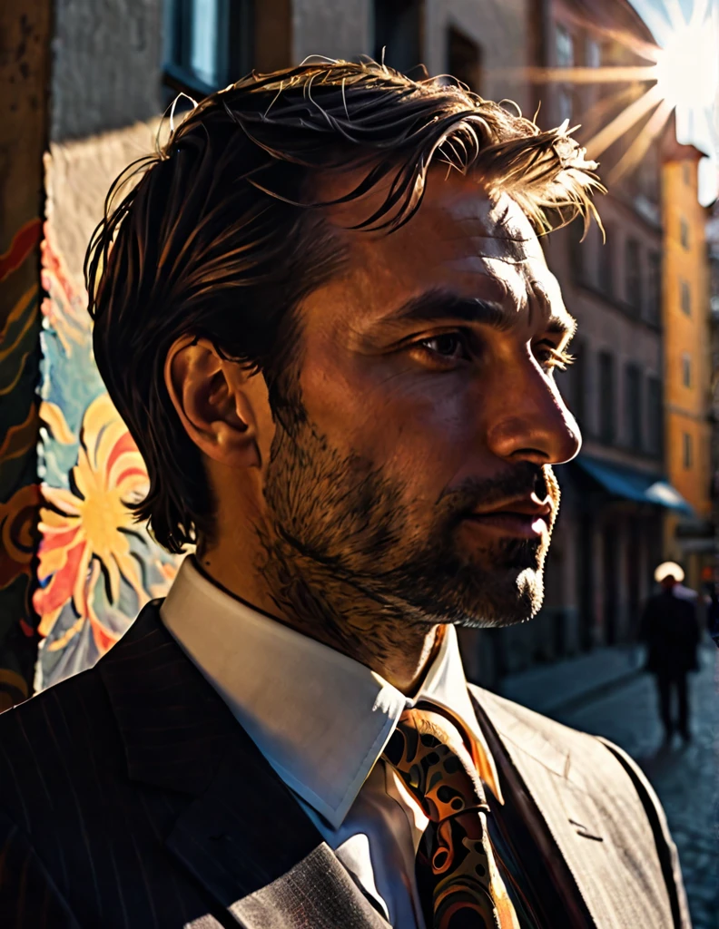 (Close-up) profile of a man in a suit about 35 years old in the city with the sun on his face, dark fantasy paper style from the 70s, with intense painting in a German romantic style. Shadows and spectacular lighting.