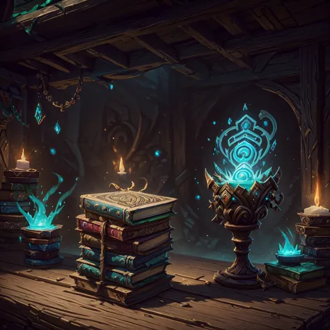 close-up of a bunch of different items on a wooden table, ornate border + concept art, hearthstone concept art, magic book page,...