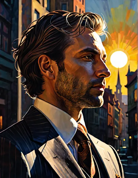 (close-up) profile of a man in a suit about 35 years old in the city with the sun on his face, dark fantasy paper style from the...