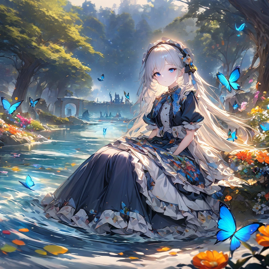 (masterpiece), (best quality), illustration, Extremely detailed, Human Development Report, Depth of Field, (rich and colorful), ,,This is a masterpiece that exudes exceptional quality. The illustration is ultra-detailed, Using HDR technology to create a sense of depth. The theme is original, Beautifully, 和Beautifully艺术品, Vivid colors，Full of fantasy elements. Girl sitting on the seashore, surrounded by running water, The background is a dark blue world tree, Located in the cemetery. The tranquil and dreamy atmosphere gives the whole scene a soulful and charming temperament. Her pale complexion, Blue eyes sparkling, And silver hair dotted with flowers，Create charming portraits. She is wearing Lolita style clothes, Poker face，Mouth tightly shut. Background ranges from white, transparent, Cycle Options, There are also translucent blue butterflies flying around，Adds vitality to the work.