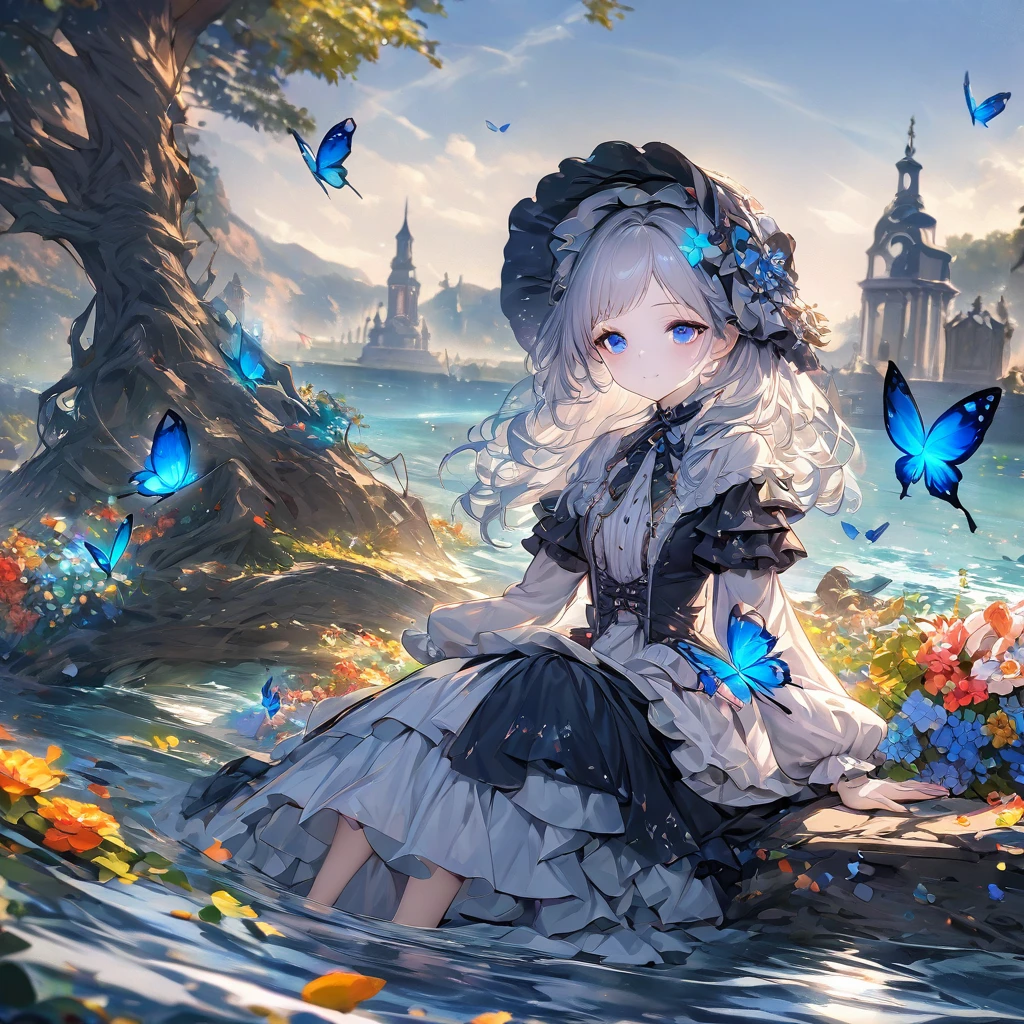 (masterpiece), (best quality), illustration, Extremely detailed, Human Development Report, Depth of Field, (rich and colorful), ,,This is a masterpiece that exudes exceptional quality. The illustration is ultra-detailed, Using HDR technology to create a sense of depth. The theme is original, Beautifully, 和Beautifully艺术品, Vivid colors，Full of fantasy elements. Girl sitting on the seashore, surrounded by running water, The background is a dark blue world tree, Located in the cemetery. The tranquil and dreamy atmosphere gives the whole scene a soulful and charming temperament. Her pale complexion, Blue eyes sparkling, And silver hair dotted with flowers，Create charming portraits. She is wearing Lolita style clothes, Poker face，Mouth tightly shut. Background ranges from white, transparent, Cycle Options, There are also translucent blue butterflies flying around，Adds vitality to the work.