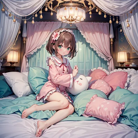 （masterpiece，best quality，best quality, masterpiece），my own, , , (适合任何pillow背景的光影））, 穿着pajamas可爱女孩在pillow上摆姿势 ，pajamas，,（很多pillo...